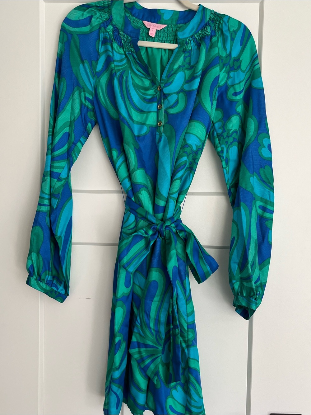Lilly Pulitzer Blue & Green Long Sleeve Belted Mini Dress - Size 6 - NWOT - Picture 4 of 9